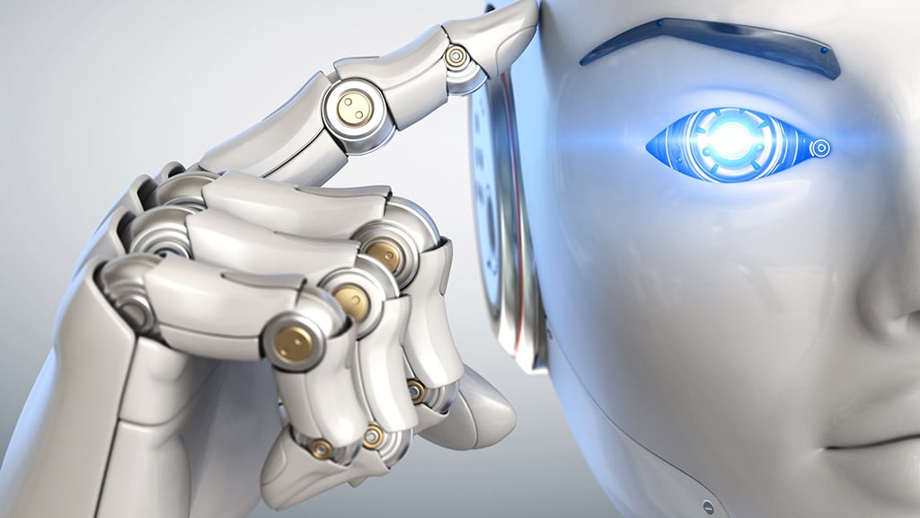 KI Roboterkopf mit leuchtenden Augen